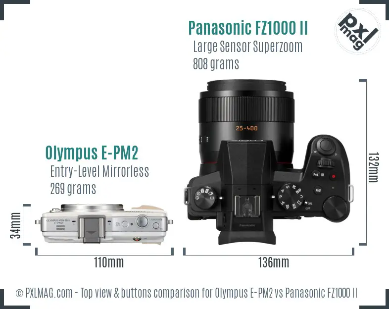 Olympus E-PM2 vs Panasonic FZ1000 II top view buttons comparison
