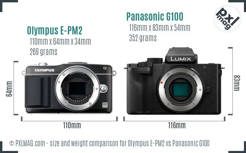 Olympus E-PM2 vs Panasonic G100 size comparison