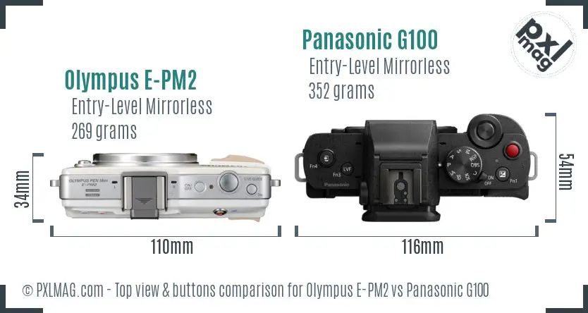 Olympus E-PM2 vs Panasonic G100 top view buttons comparison