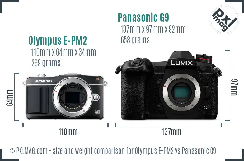 Olympus E-PM2 vs Panasonic G9 size comparison