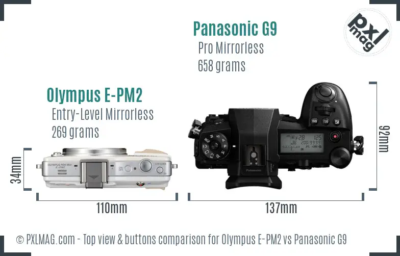 Olympus E-PM2 vs Panasonic G9 top view buttons comparison