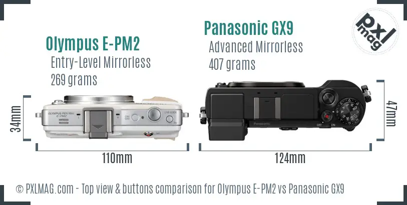 Olympus E-PM2 vs Panasonic GX9 top view buttons comparison