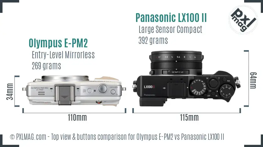 Olympus E-PM2 vs Panasonic LX100 II top view buttons comparison