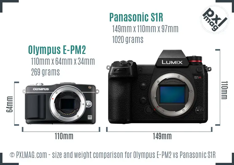 Olympus E-PM2 vs Panasonic S1R size comparison