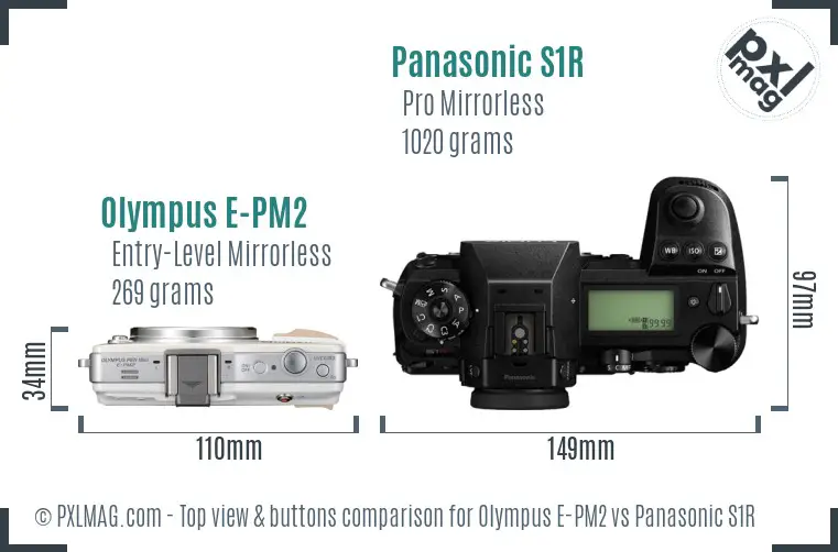 Olympus E-PM2 vs Panasonic S1R top view buttons comparison