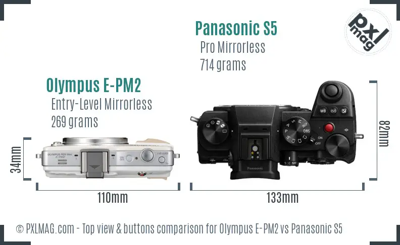 Olympus E-PM2 vs Panasonic S5 top view buttons comparison