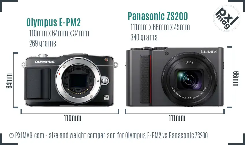 Olympus E-PM2 vs Panasonic ZS200 size comparison