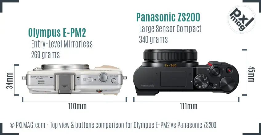 Olympus E-PM2 vs Panasonic ZS200 top view buttons comparison