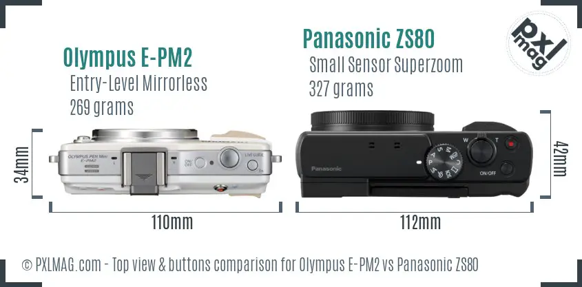 Olympus E-PM2 vs Panasonic ZS80 top view buttons comparison