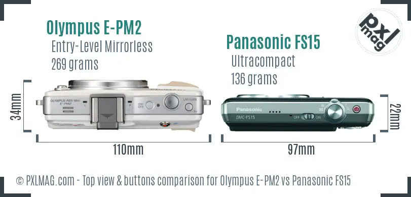 Olympus E-PM2 vs Panasonic FS15 top view buttons comparison