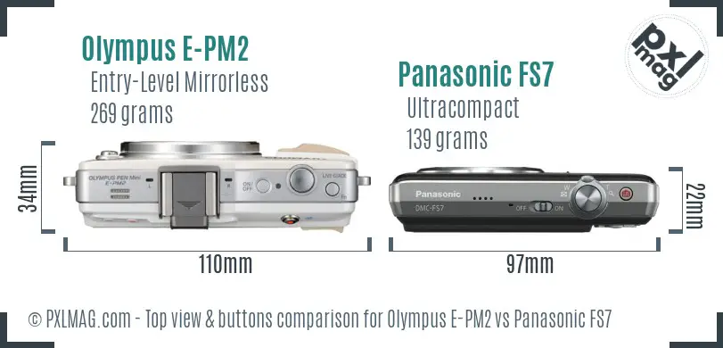 Olympus E-PM2 vs Panasonic FS7 top view buttons comparison