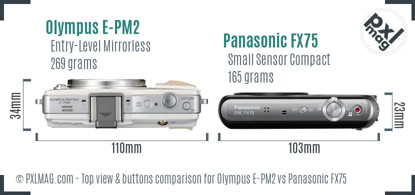 Olympus E-PM2 vs Panasonic FX75 top view buttons comparison