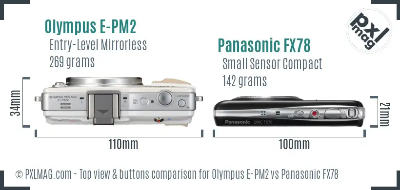 Olympus E-PM2 vs Panasonic FX78 top view buttons comparison