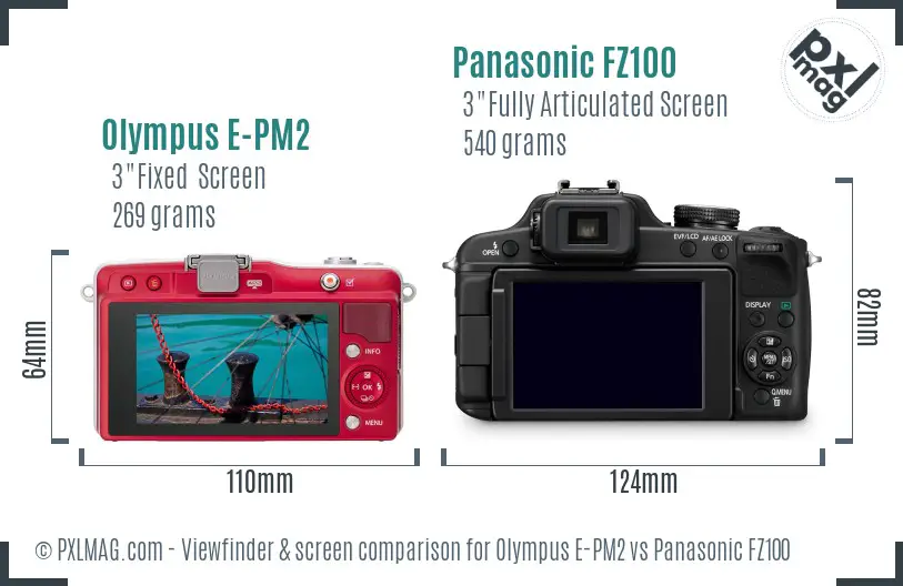 Olympus E-PM2 vs Panasonic FZ100 Screen and Viewfinder comparison