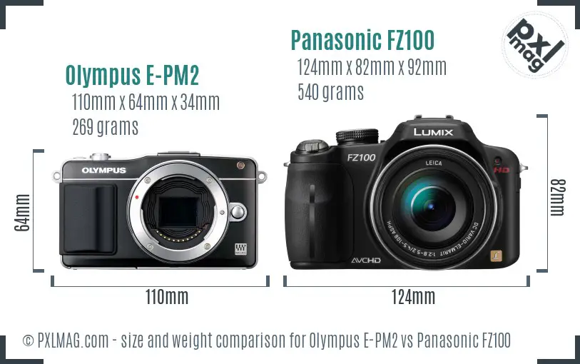 Olympus E-PM2 vs Panasonic FZ100 size comparison