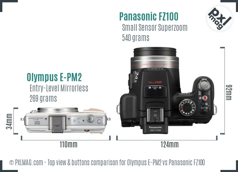 Olympus E-PM2 vs Panasonic FZ100 top view buttons comparison