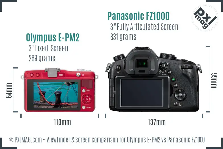 Olympus E-PM2 vs Panasonic FZ1000 Screen and Viewfinder comparison