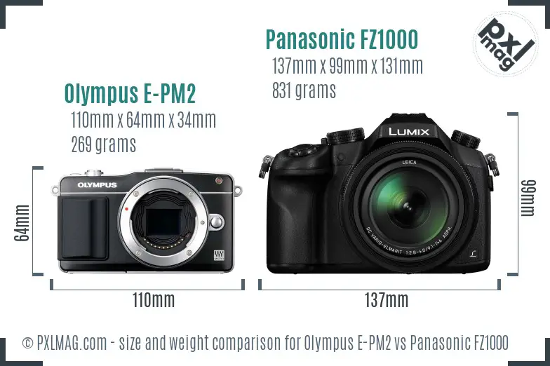 Olympus E-PM2 vs Panasonic FZ1000 size comparison
