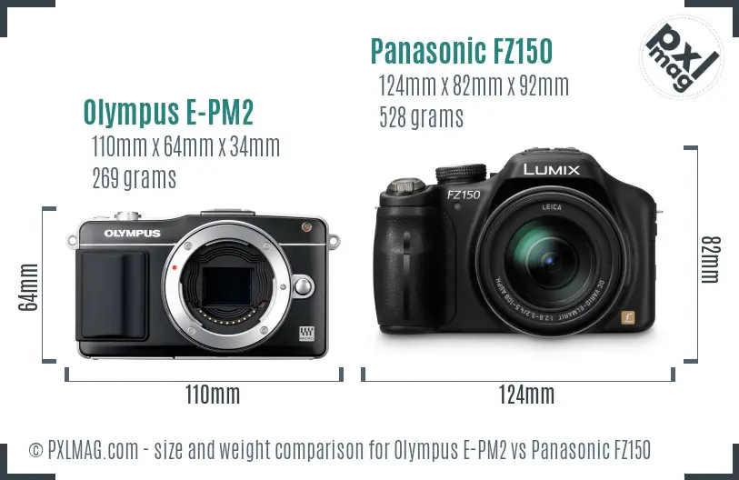Olympus E-PM2 vs Panasonic FZ150 size comparison