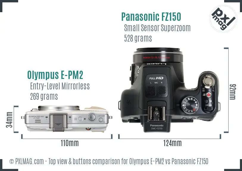 Olympus E-PM2 vs Panasonic FZ150 top view buttons comparison
