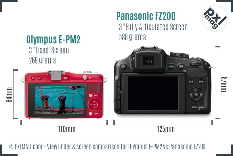 Olympus E-PM2 vs Panasonic FZ200 Screen and Viewfinder comparison