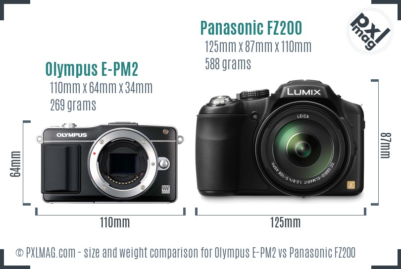 Olympus E-PM2 vs Panasonic FZ200 size comparison