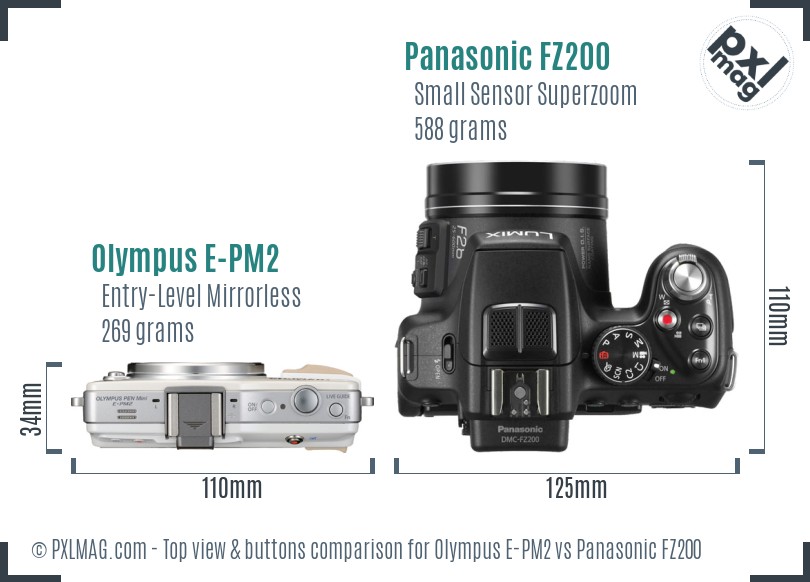 Olympus E-PM2 vs Panasonic FZ200 top view buttons comparison