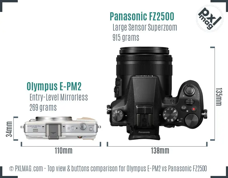 Olympus E-PM2 vs Panasonic FZ2500 top view buttons comparison