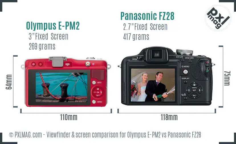 Olympus E-PM2 vs Panasonic FZ28 Screen and Viewfinder comparison