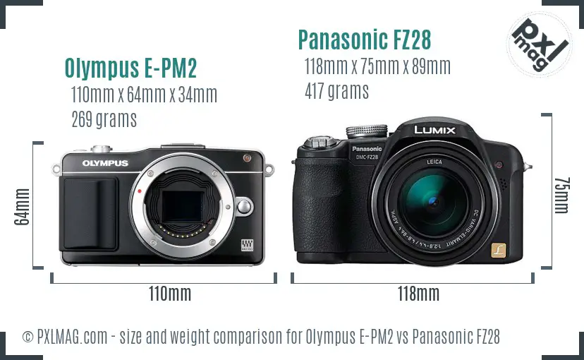 Olympus E-PM2 vs Panasonic FZ28 size comparison