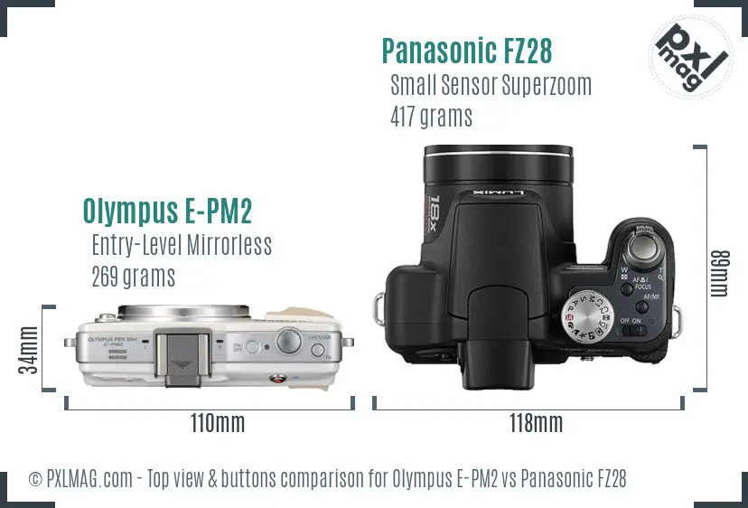 Olympus E-PM2 vs Panasonic FZ28 top view buttons comparison