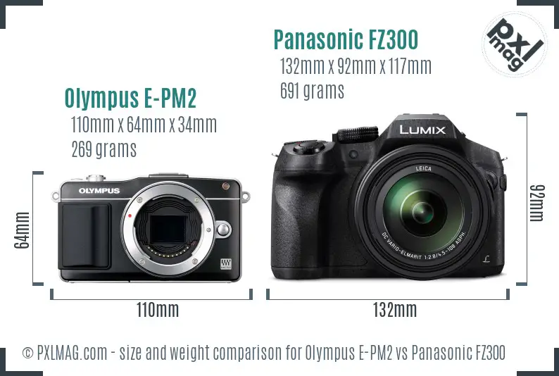 Olympus E-PM2 vs Panasonic FZ300 size comparison