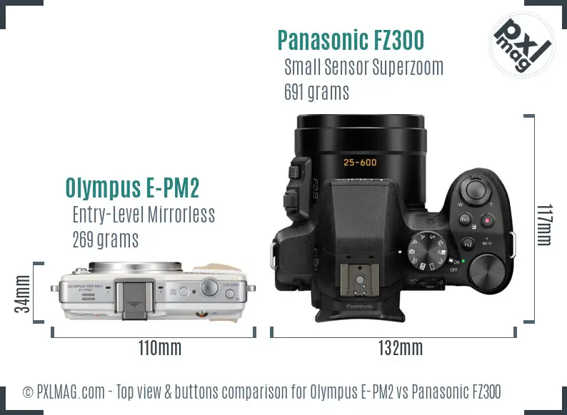 Olympus E-PM2 vs Panasonic FZ300 top view buttons comparison