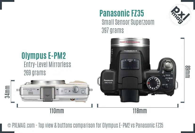 Olympus E-PM2 vs Panasonic FZ35 top view buttons comparison