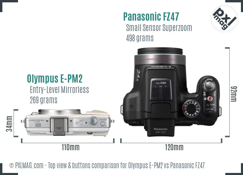 Olympus E-PM2 vs Panasonic FZ47 top view buttons comparison