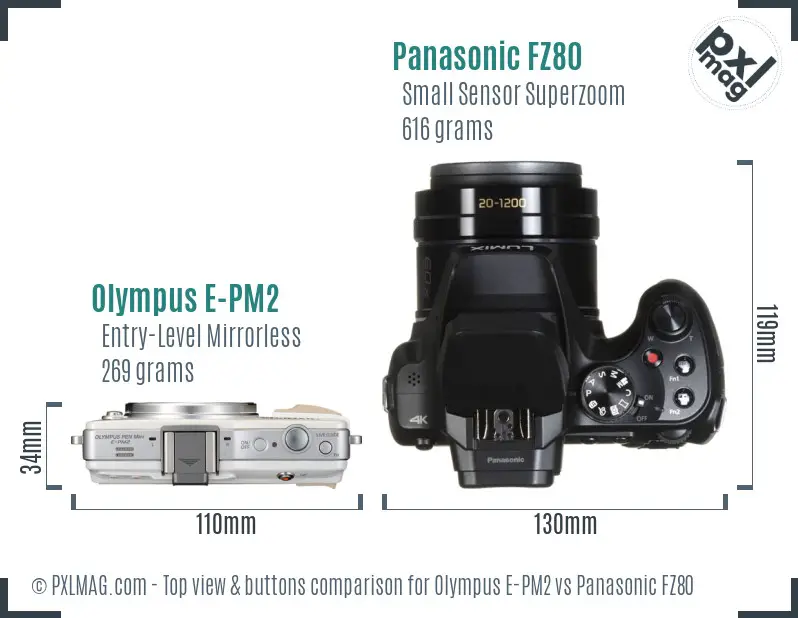 Olympus E-PM2 vs Panasonic FZ80 top view buttons comparison