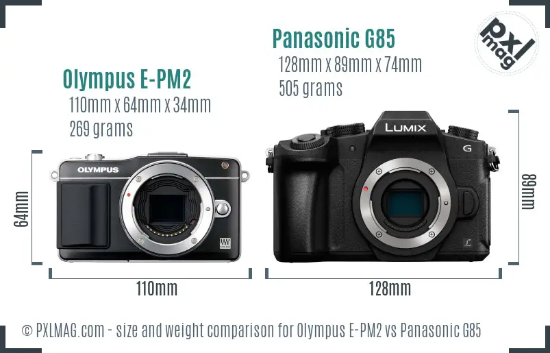 Olympus E-PM2 vs Panasonic G85 size comparison