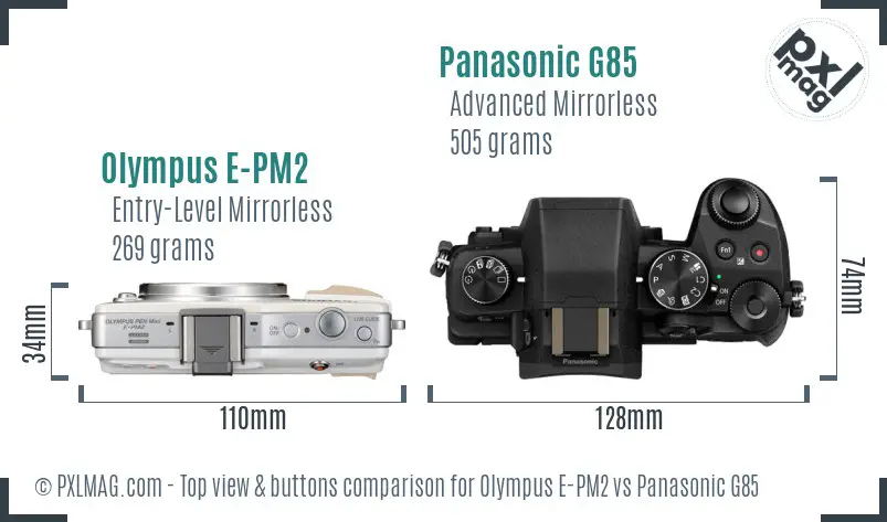Olympus E-PM2 vs Panasonic G85 top view buttons comparison