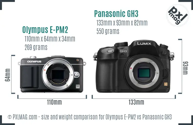 Olympus E-PM2 vs Panasonic GH3 size comparison