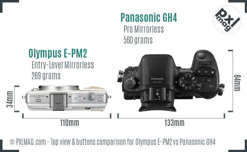 Olympus E-PM2 vs Panasonic GH4 top view buttons comparison