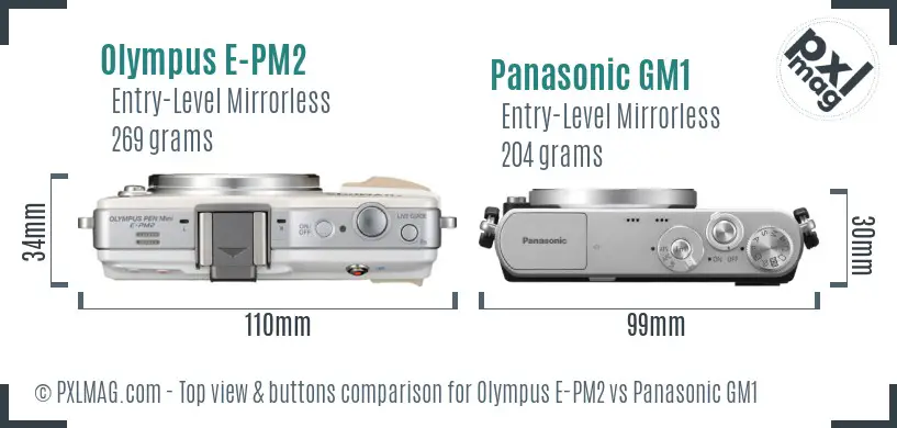Olympus E-PM2 vs Panasonic GM1 top view buttons comparison