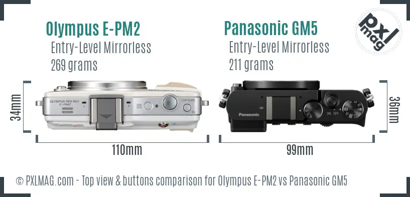 Olympus E-PM2 vs Panasonic GM5 top view buttons comparison