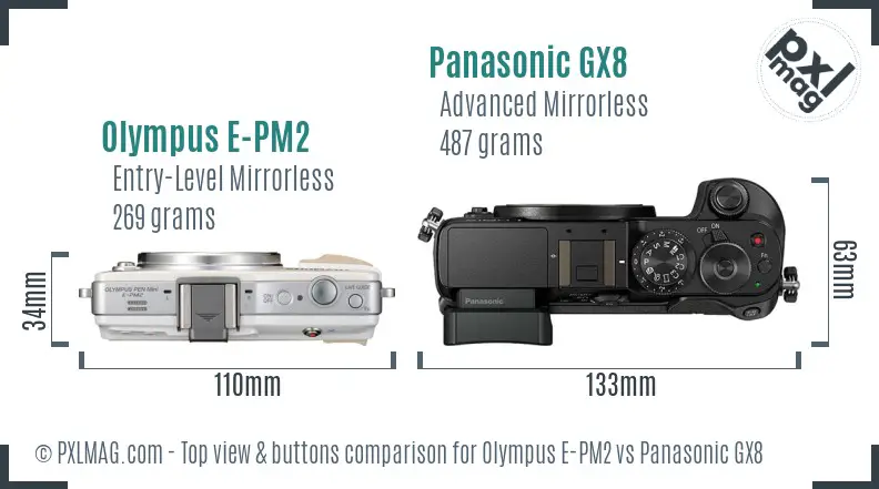 Olympus E-PM2 vs Panasonic GX8 top view buttons comparison