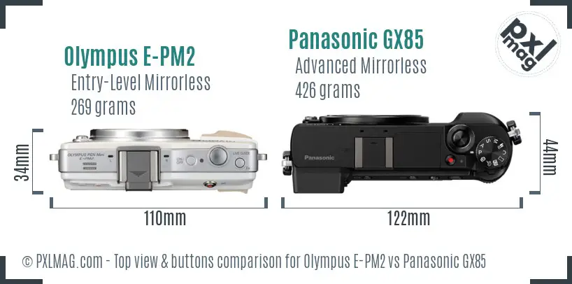Olympus E-PM2 vs Panasonic GX85 top view buttons comparison