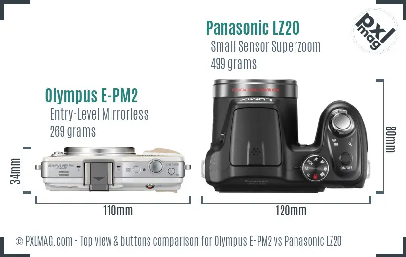 Olympus E-PM2 vs Panasonic LZ20 top view buttons comparison