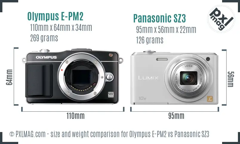 Olympus E-PM2 vs Panasonic SZ3 size comparison