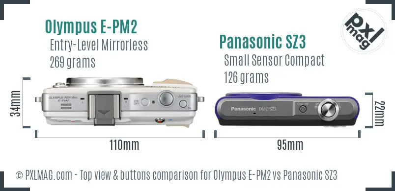 Olympus E-PM2 vs Panasonic SZ3 top view buttons comparison