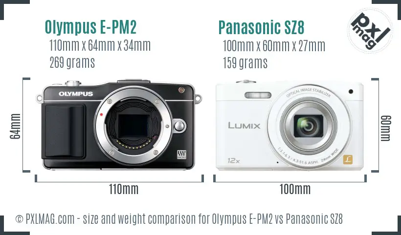 Olympus E-PM2 vs Panasonic SZ8 size comparison
