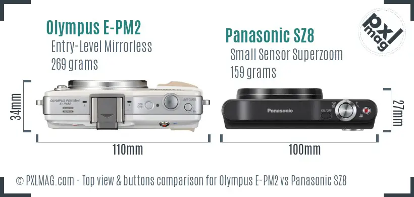 Olympus E-PM2 vs Panasonic SZ8 top view buttons comparison
