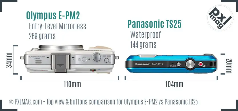 Olympus E-PM2 vs Panasonic TS25 top view buttons comparison